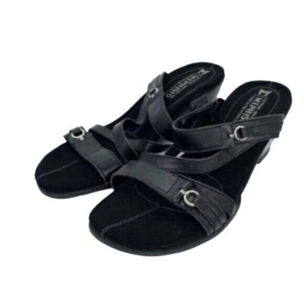 Mephisto Black Leather Wedge Heel Sandals
